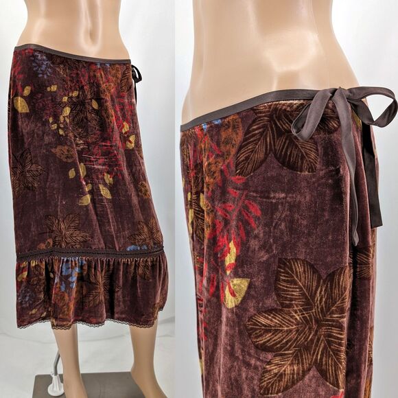 Vintage y2k Kenneth Cole Silk Velvet Midi Skirt Brown Fairy Ruffle Lace Size 6 - Picture 1 of 10